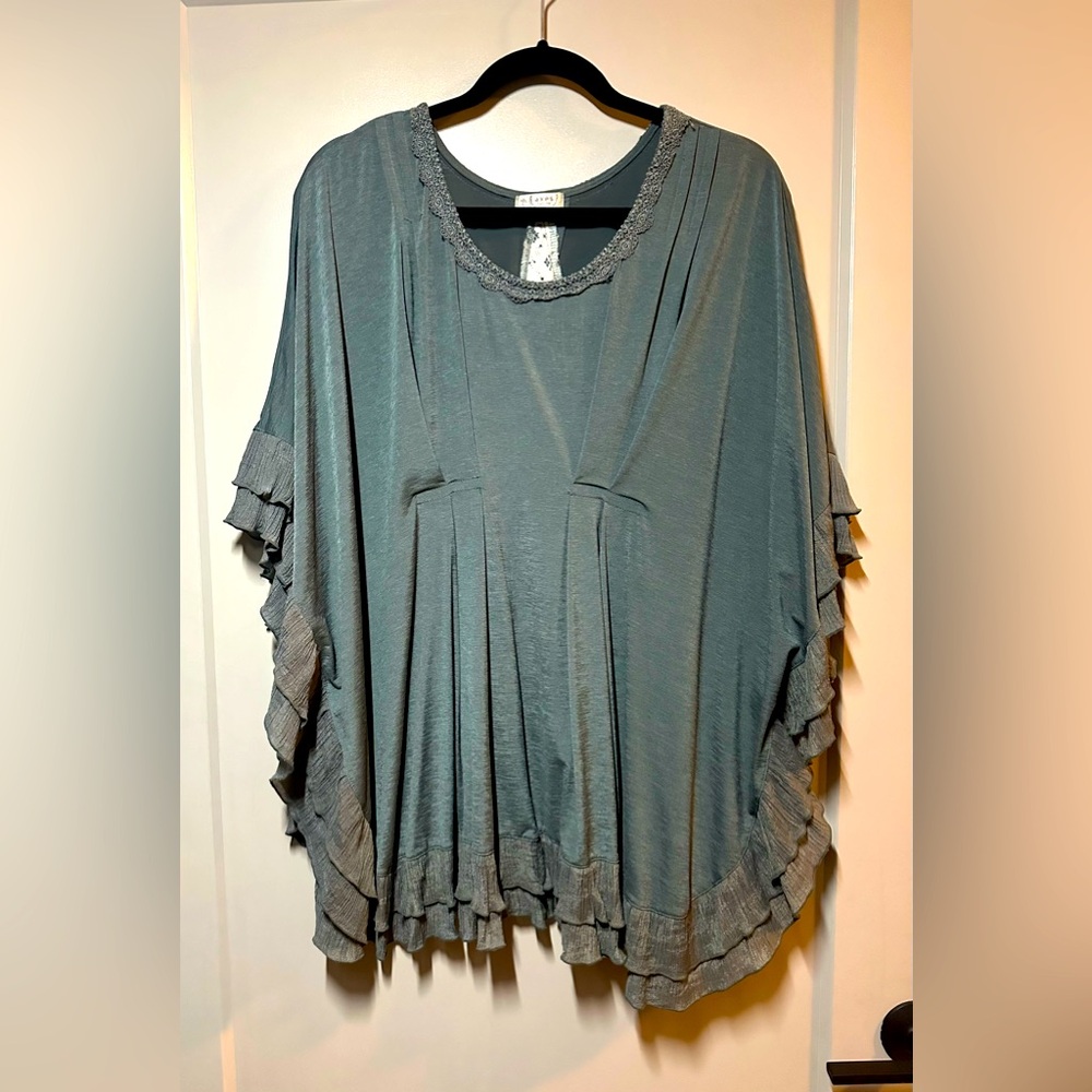 Axes Femme Lace Trimmed Top with Batwing Sleeves